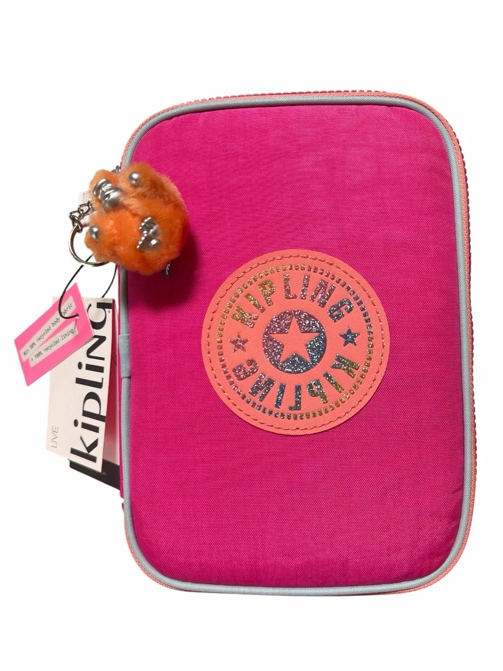 Kipling 100 Pens Pencil Case Azalea Pink Glitter Logo, WAVEPOP, Girls Women